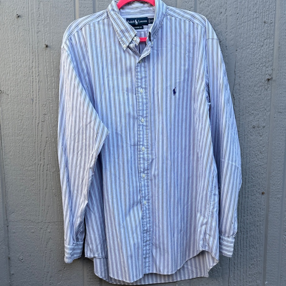 Ralph Lauren Men's Light Blue and White Striped Shirt Sz: XL